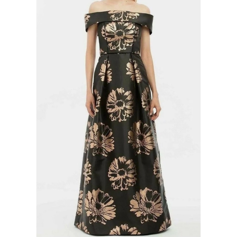 Nicole Miller formal gown with gold flowers and velvet detail - size 2